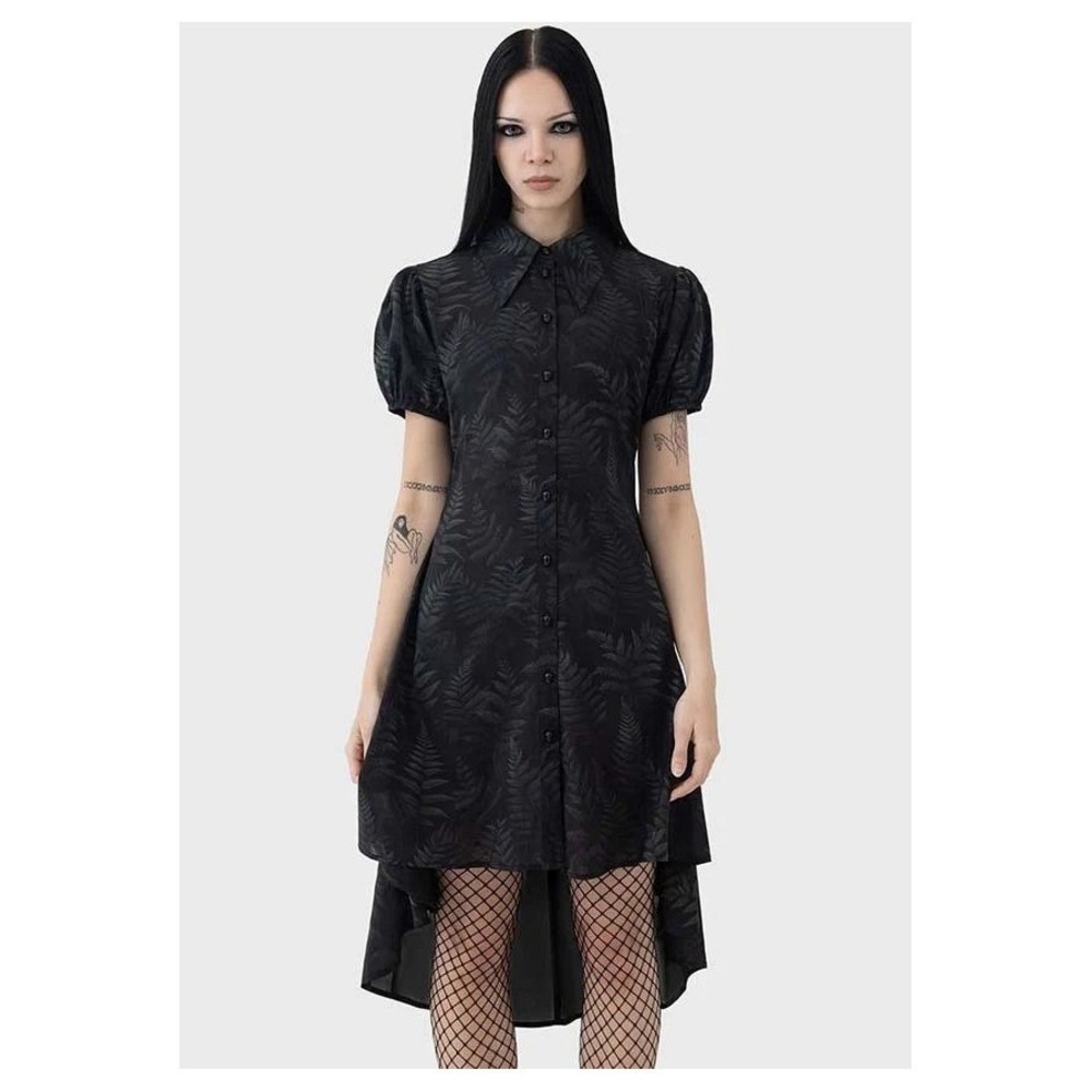 Restyle Shadow Fern High Low Shirt Dress Black Skull Buttons Gothic Small NEW